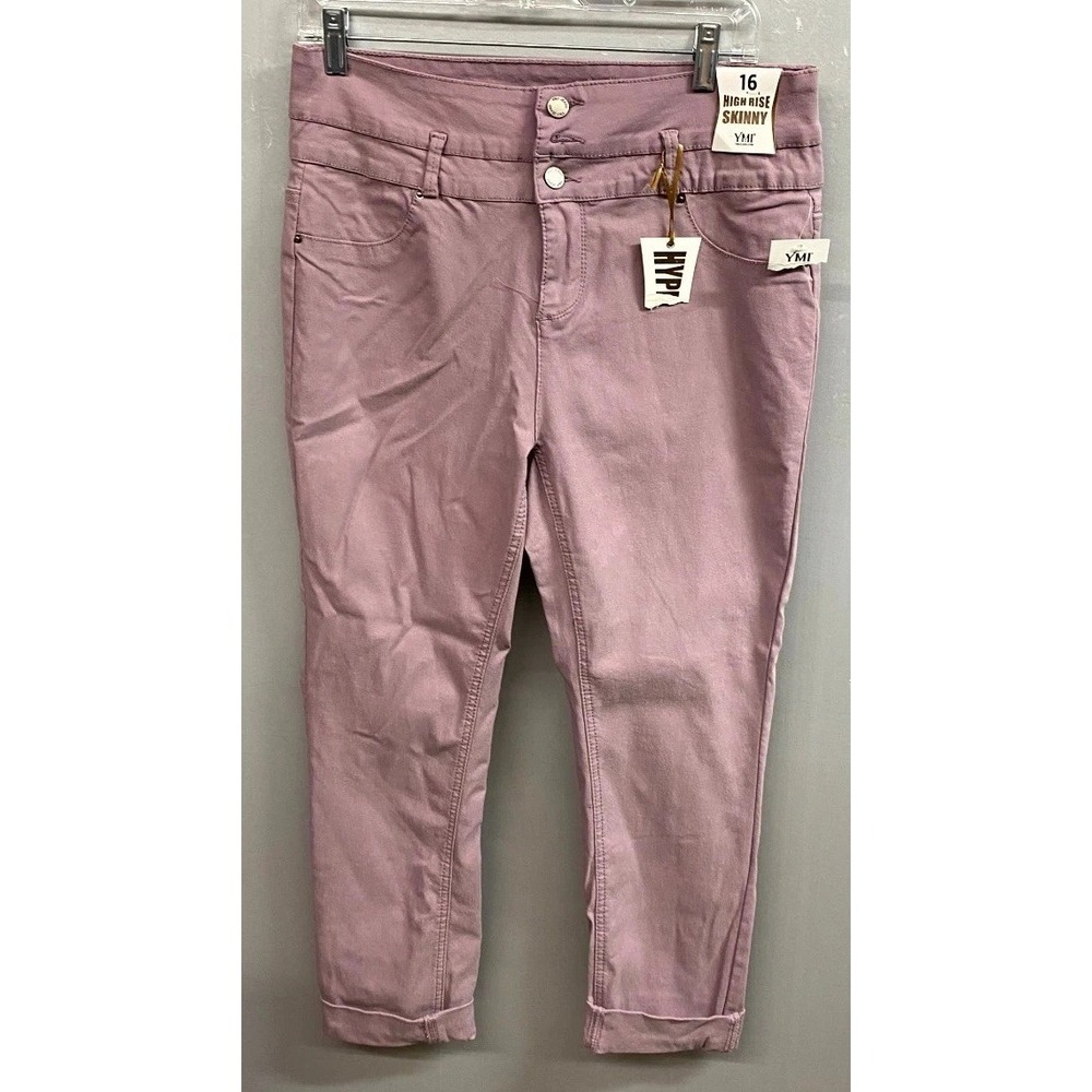 YMI Hyperstretch Jeans Womens 16 Pink Cotton High Rise Skinny Leg Cuffed Hem